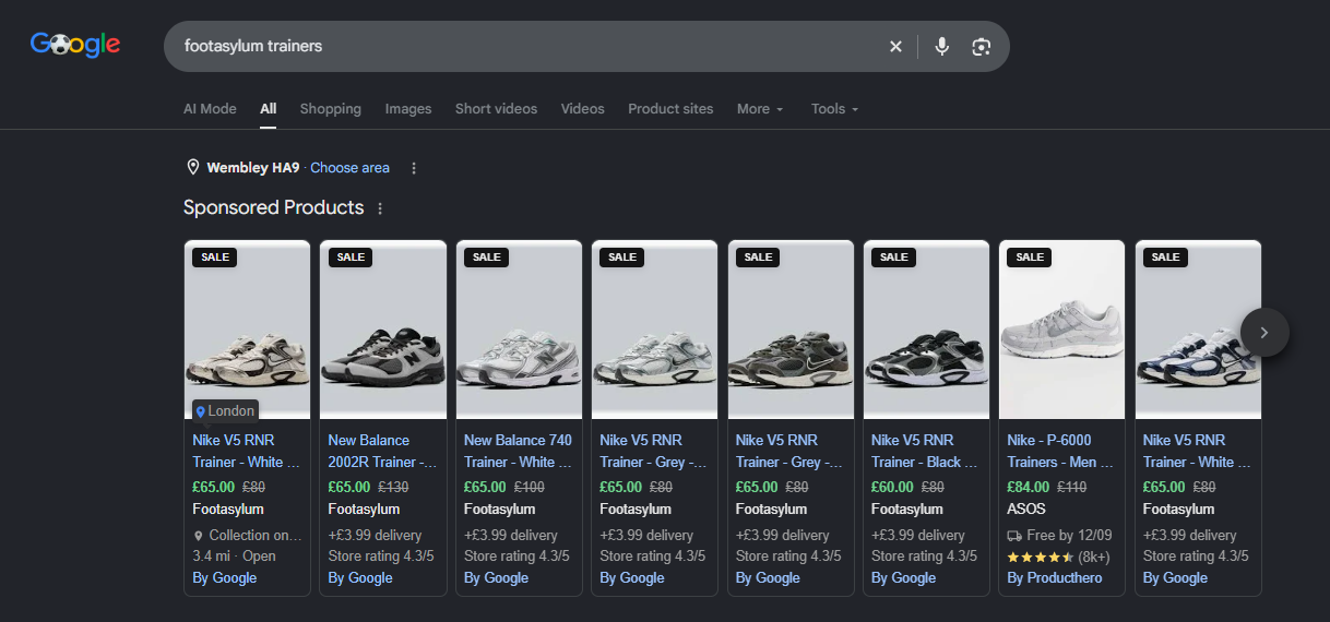 Live Google Shopping sponsored product carousel showing Footasylum trainer listings with the optimised imagery