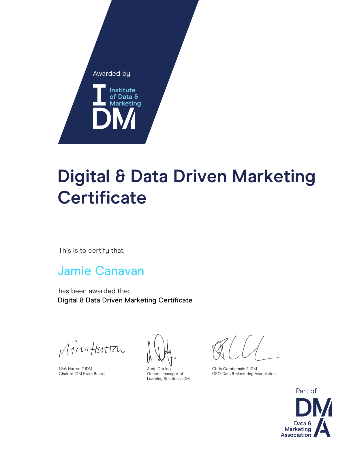 Digital and Data Driven Marketing certificate awarded to Jamie Canavan
